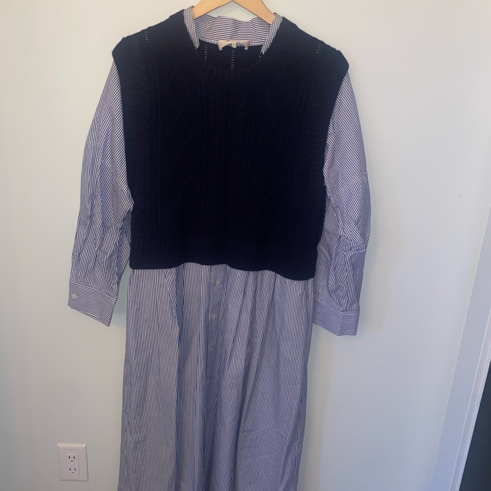 Sea New York Blue Striped Shirt Midi Dress with Black Knit Vest Overlay